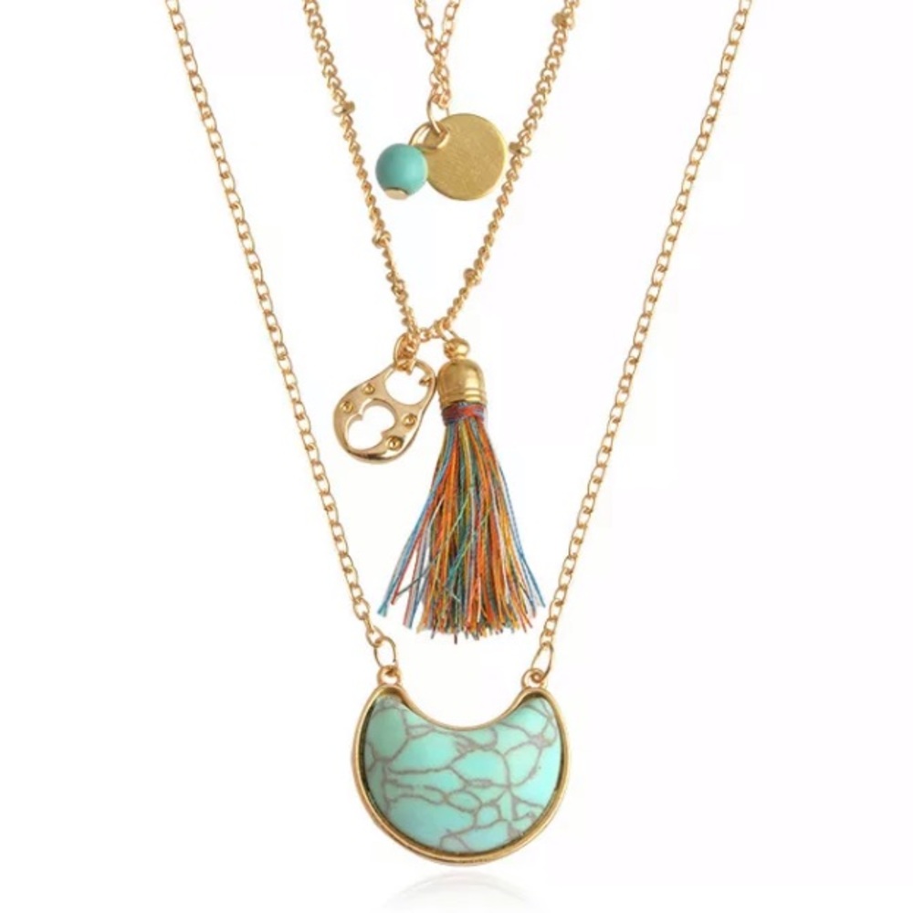 Triple Layer Turquoise Boho Tassle Chain Necklace